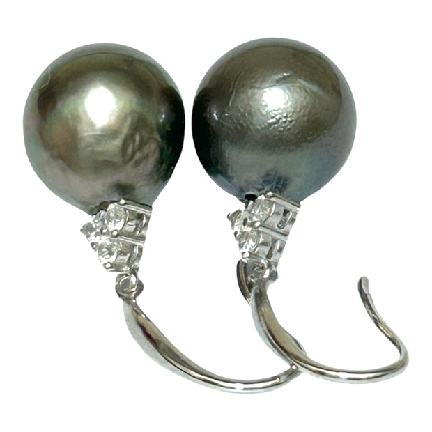 Luxury 11.2 × 12mm Tahitian South Sea Peacock Gray Green Dangle Earrings