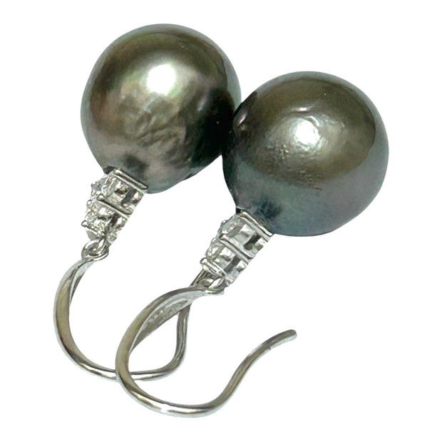 Luxury 11.2 × 12mm Tahitian South Sea Peacock Gray Green Dangle Earrings