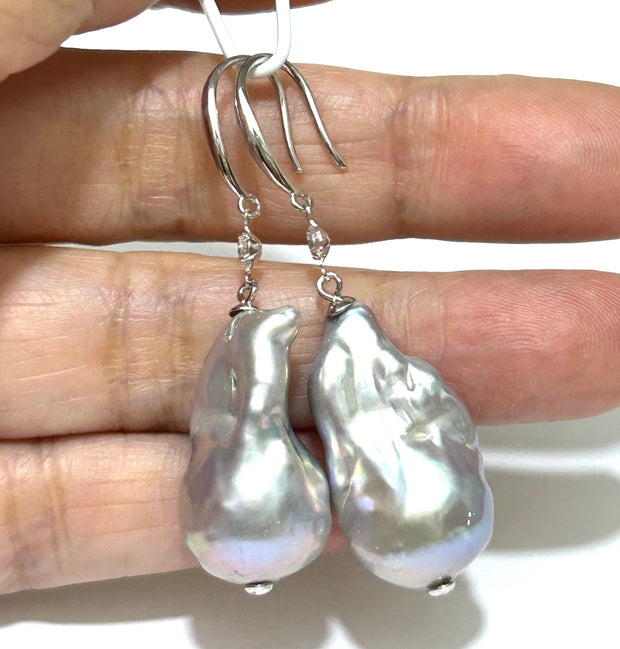 Giant 12.7 x 22mm Silver Blue Keshi Baroque Pearl Dangle Earrings