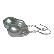 Giant 12.7 x 22mm Silver Blue Keshi Baroque Pearl Dangle Earrings
