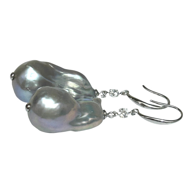 Giant 12.7 x 22mm Silver Blue Keshi Baroque Pearl Dangle Earrings