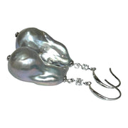 Giant 12.7 x 22mm Silver Blue Keshi Baroque Pearl Dangle Earrings