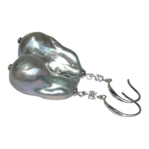 Giant 12.7 x 22mm Silver Blue Keshi Baroque Pearl Dangle Earrings