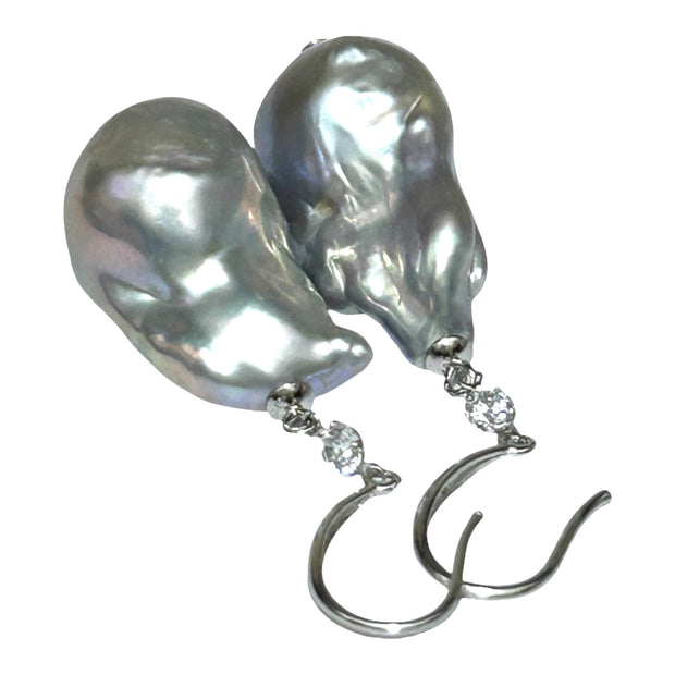 Giant 12.7 x 22mm Silver Blue Keshi Baroque Pearl Dangle Earrings