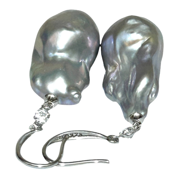 Giant 12.7 x 22mm Silver Blue Keshi Baroque Pearl Dangle Earrings