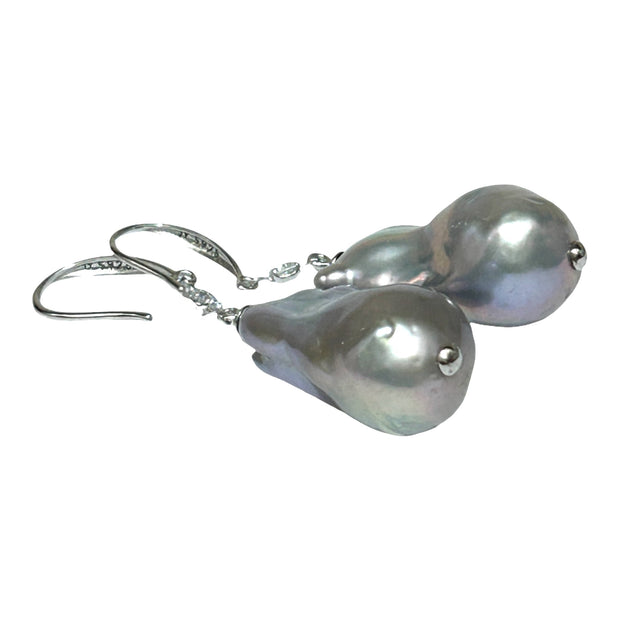 Giant 12.7 x 22mm Silver Blue Keshi Baroque Pearl Dangle Earrings