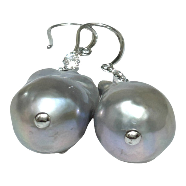 Giant 12.7 x 22mm Silver Blue Keshi Baroque Pearl Dangle Earrings