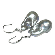 Giant 12.7 x 22mm Silver Blue Keshi Baroque Pearl Dangle Earrings