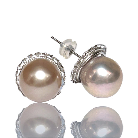 Handmade 10.5mm Purple Pink Edison Cultured Round Pearl Stud Earrings – Elegant and Unique Jewelry