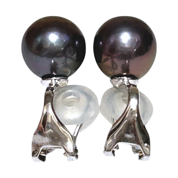 5A Round 10 - 10.5mm Purple Black Pinkish Edison Pearl Clip-On Earrings