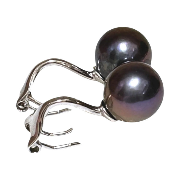 5A Round 10 - 10.5mm Purple Black Pinkish Edison Pearl Clip-On Earrings