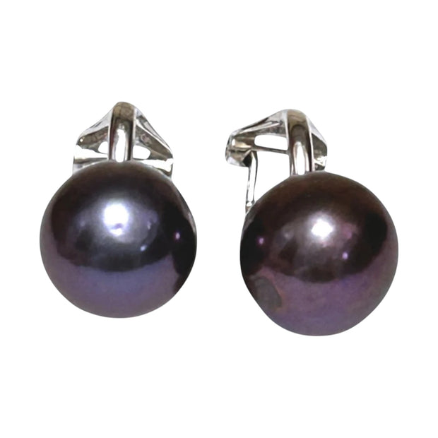 5A Round 10 - 10.5mm Purple Black Pinkish Edison Pearl Clip-On Earrings