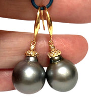 Oval 12.6 x 15mm Natural Peacock Gray Tahitian Pearl Dangle Earrings