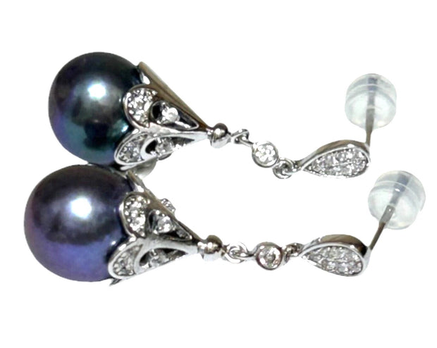 Round Edison 10-10.5mm Purple Black Blue Cultured Pearl Dangle Earrings