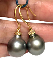 Oval 12.6 x 15mm Natural Peacock Gray Tahitian Pearl Dangle Earrings