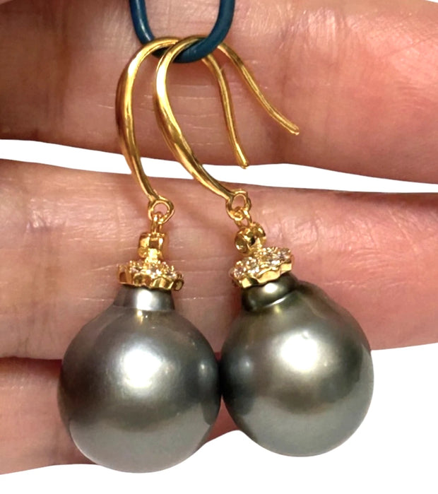 Oval 12.6 x 15mm Natural Peacock Gray Tahitian Pearl Dangle Earrings