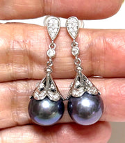 Round Edison 10-10.5mm Purple Black Blue Cultured Pearl Dangle Earrings