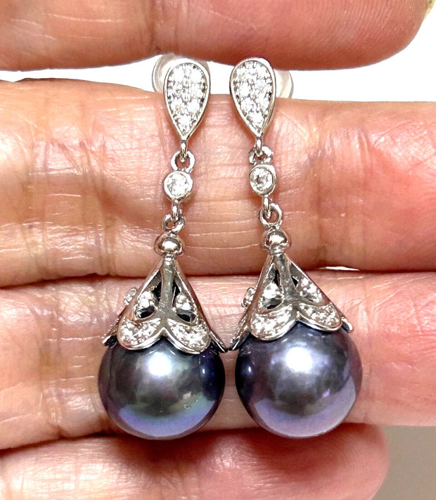 Round Edison 10-10.5mm Purple Black Blue Cultured Pearl Dangle Earrings