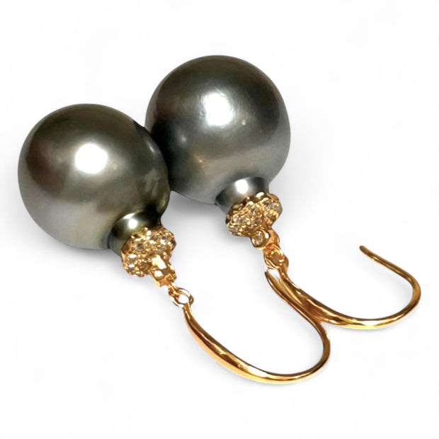 Oval 12.6 x 15mm Natural Peacock Gray Tahitian Pearl Dangle Earrings