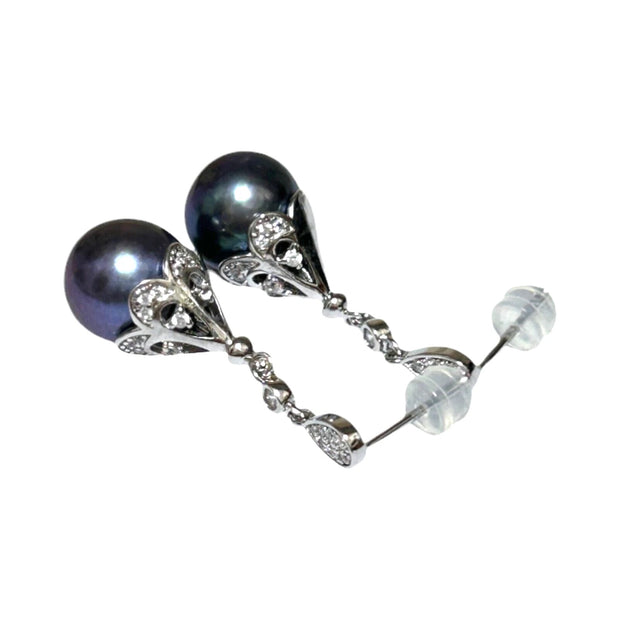Round Edison 10-10.5mm Purple Black Blue Cultured Pearl Dangle Earrings