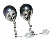 Round Edison 10-10.5mm Purple Black Blue Cultured Pearl Dangle Earrings