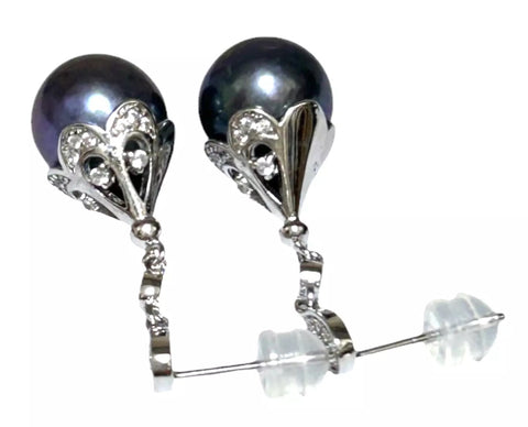 Round Edison 10-10.5mm Purple Black Blue Cultured Pearl Dangle Earrings