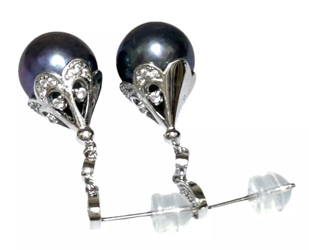 Round Edison 10-10.5mm Purple Black Blue Cultured Pearl Dangle Earrings