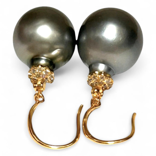Oval 12.6 x 15mm Natural Peacock Gray Tahitian Pearl Dangle Earrings