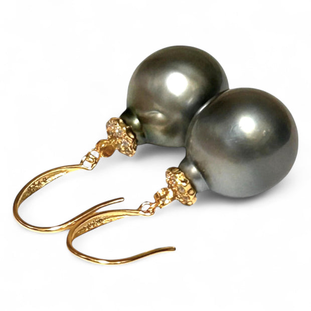 Oval 12.6 x 15mm Natural Peacock Gray Tahitian Pearl Dangle Earrings