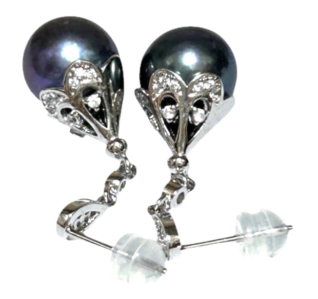 Round Edison 10-10.5mm Purple Black Blue Cultured Pearl Dangle Earrings