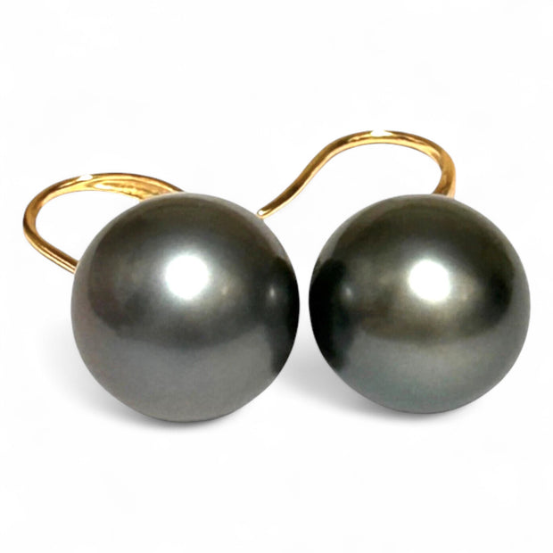 Oval 12.6 x 15mm Natural Peacock Gray Tahitian Pearl Dangle Earrings