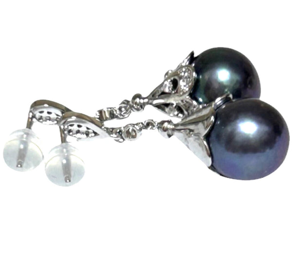 Round Edison 10-10.5mm Purple Black Blue Cultured Pearl Dangle Earrings