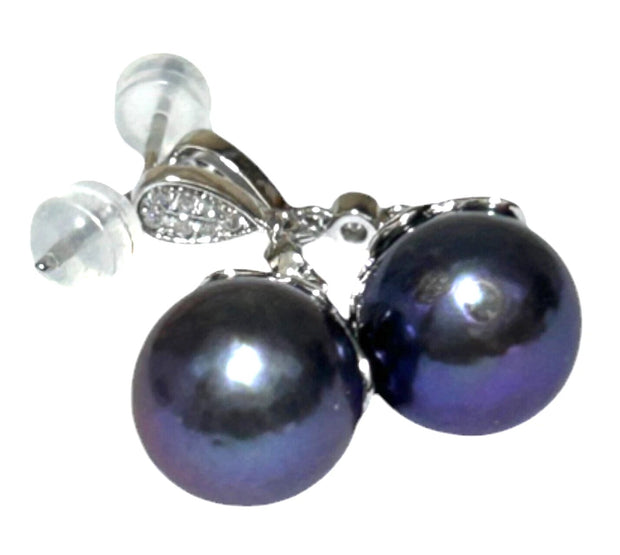 Round Edison 10-10.5mm Purple Black Blue Cultured Pearl Dangle Earrings