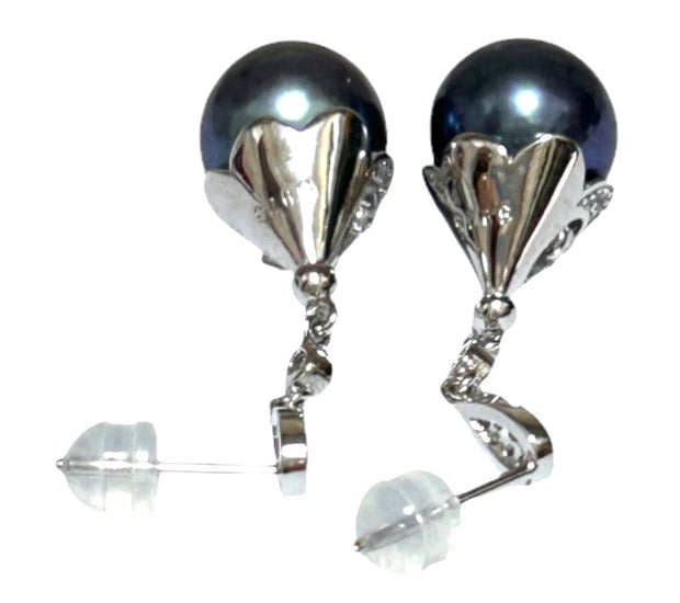 Round Edison 10-10.5mm Purple Black Blue Cultured Pearl Dangle Earrings