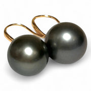 Oval 12.6 x 15mm Natural Peacock Gray Tahitian Pearl Dangle Earrings