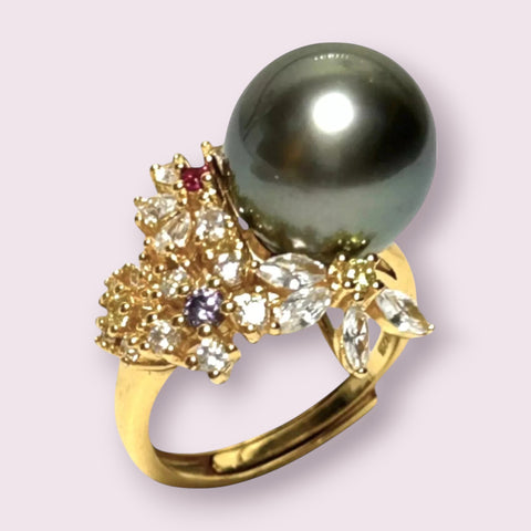 Cocktail Natural Peacock Black 12.2mm Round Tahitian Pearl Ring Size 6