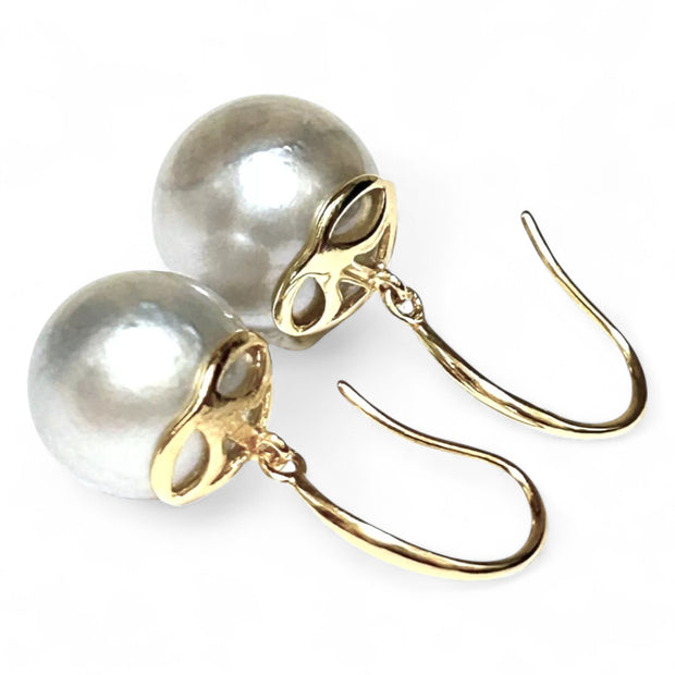 Round 12.8mm Indonesian Silver White South Sea Pearl Dangle Earrings