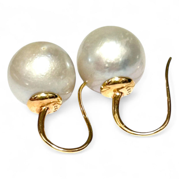 Gorgeous 13.1mm South Sea Silver White Round Pearl Dangle Earrings
