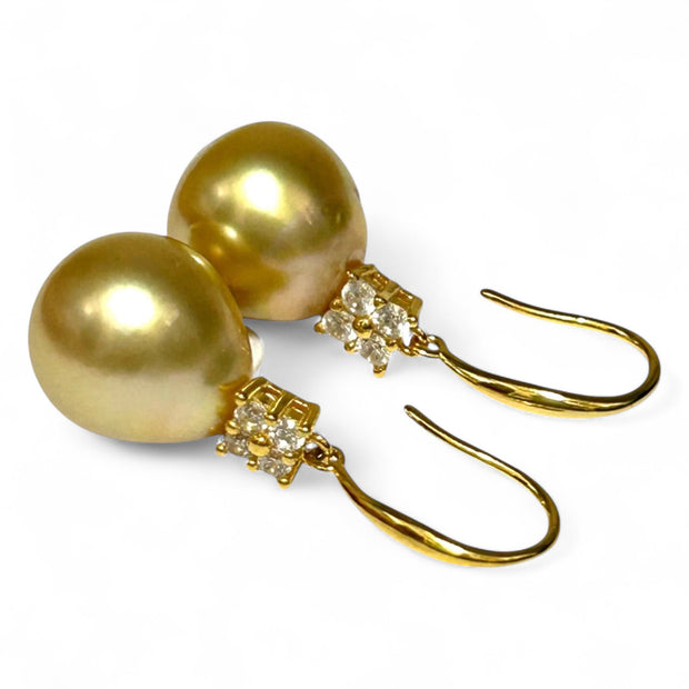 Natural Rich Golden 12 x 13mm South Sea Oval Pearl Dangle Earrings