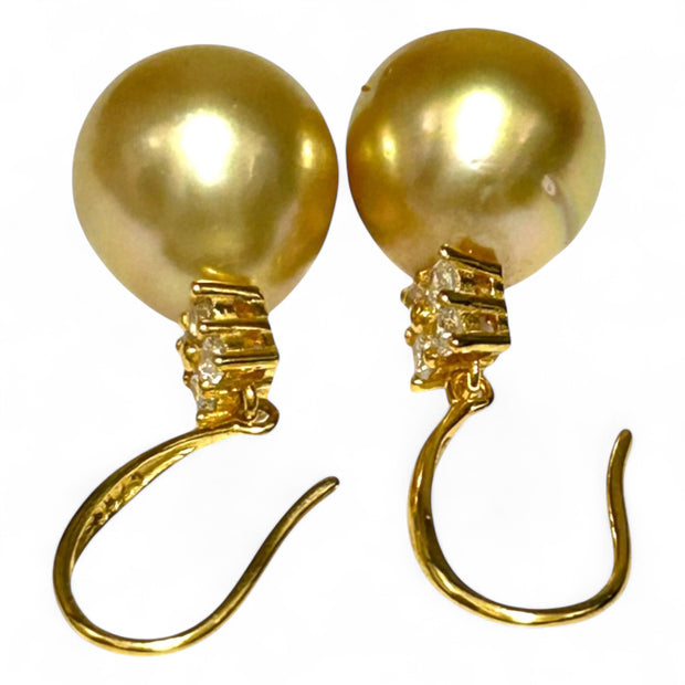 Natural Rich Golden 12 x 13mm South Sea Oval Pearl Dangle Earrings