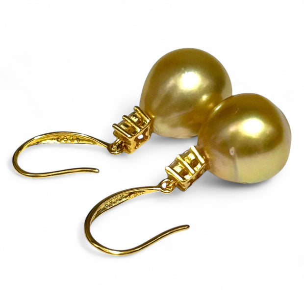 Natural Rich Golden 12 x 13mm South Sea Oval Pearl Dangle Earrings