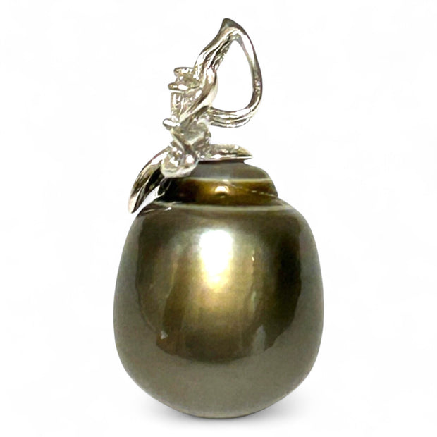Oval 12 x 15.3mm Tahitian South Sea Peacock Black Green Pearl Pendant