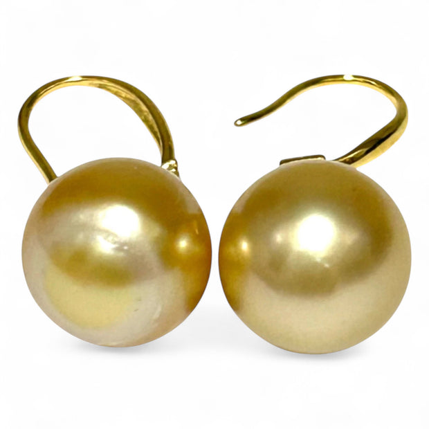 Natural Rich Golden 12 x 13mm South Sea Oval Pearl Dangle Earrings