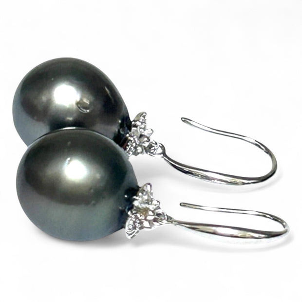 Oval Round 12 x 12.2mm Peacock Black Tahitian Sea Pearl Dangle Earrings