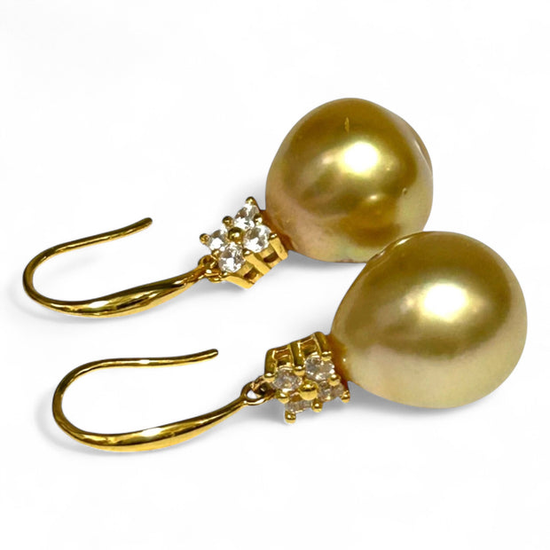Natural Rich Golden 12 x 13mm South Sea Oval Pearl Dangle Earrings