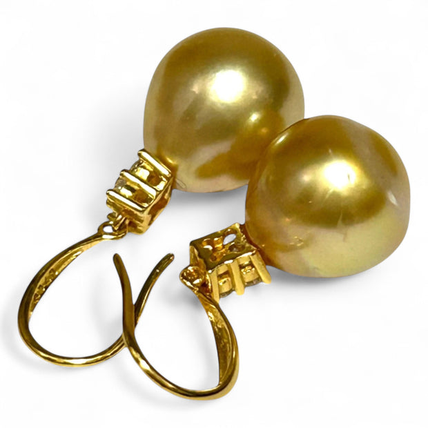 Natural Rich Golden 12 x 13mm South Sea Oval Pearl Dangle Earrings