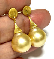 Huge 12.2 x 14mm Rich Golden Philippines South Sea Pearl Dangle Earrings