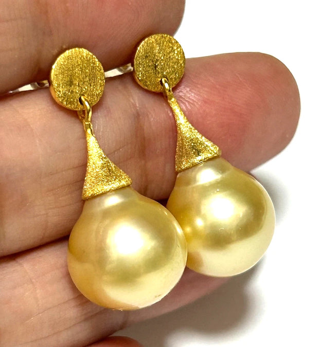 Huge 12.2 x 14mm Rich Golden Philippines South Sea Pearl Dangle Earrings