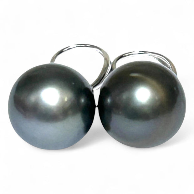Oval Round 12 x 12.2mm Peacock Black Tahitian Sea Pearl Dangle Earrings