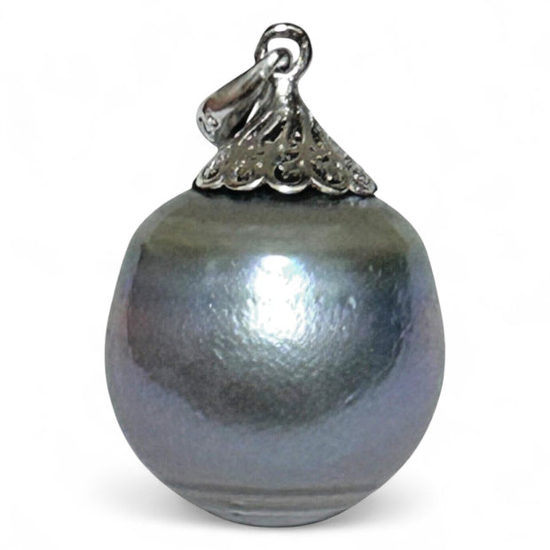 Oval 13.2 x 14.5mm Tahitian Sea Middle Gray Green Pearl Pendant